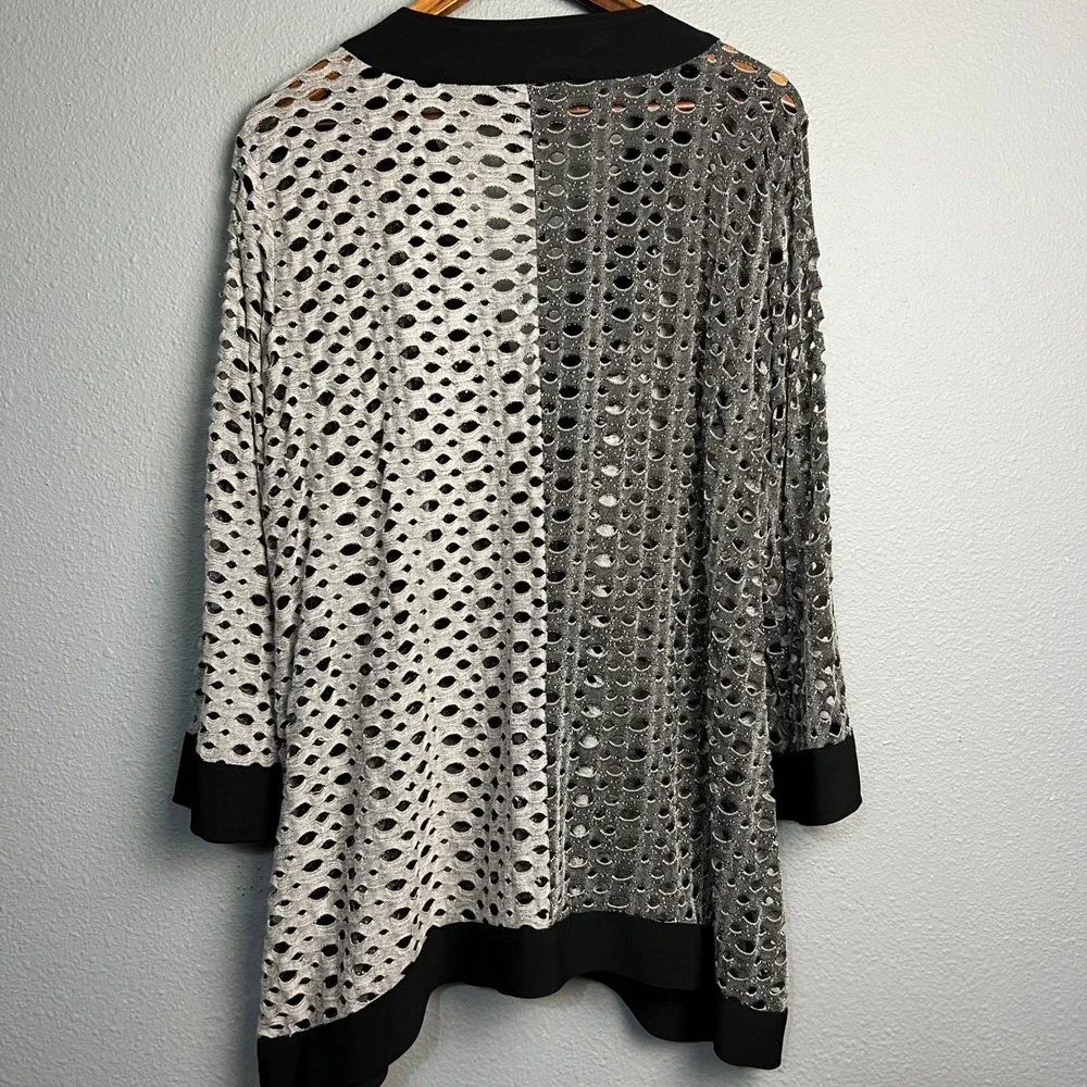 Ali Miles Gray‎ Black Mesh Knit Cardigan XL Open Drape Asymmetrical Button Front